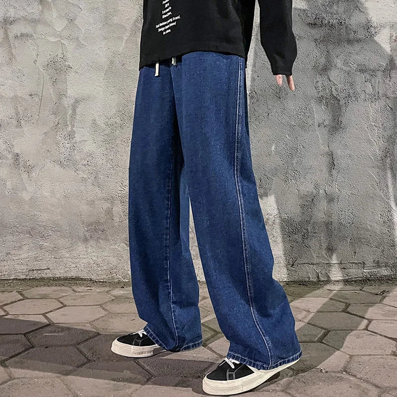 Men's Korean Style Wide-Leg Baggy Jeans – Casual High Street Straight-Leg Denim Pants for Students in Black, Grey, and Blue.