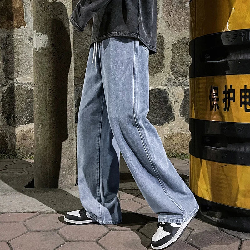 Men's Korean Style Wide-Leg Baggy Jeans – Casual High Street Straight-Leg Denim Pants for Students in Black, Grey, and Blue.