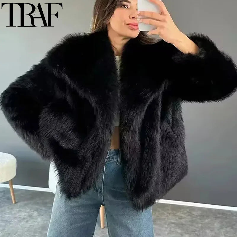 TRAF 2024 Winter Faux Fur Coat – Plush & Fluffy Women’s Outerwear