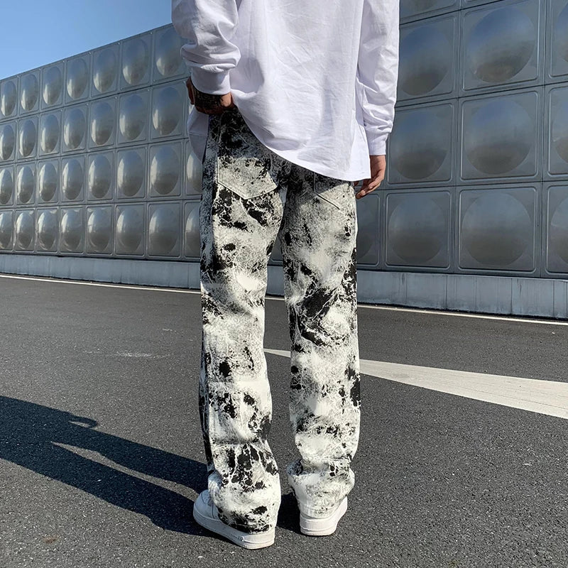 Spring 2025 Printed Jeans - Unisex Elastic Waist Loose Fit Trousers | Korean Style High Street Fashion & Hip Hop Pants for Men"