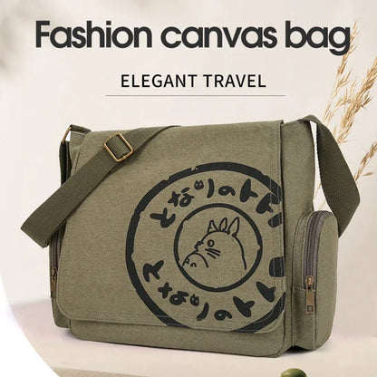 Title: Vintage Cartoon Canvas Messenger Bag – Large-Capacity Tote Handbag