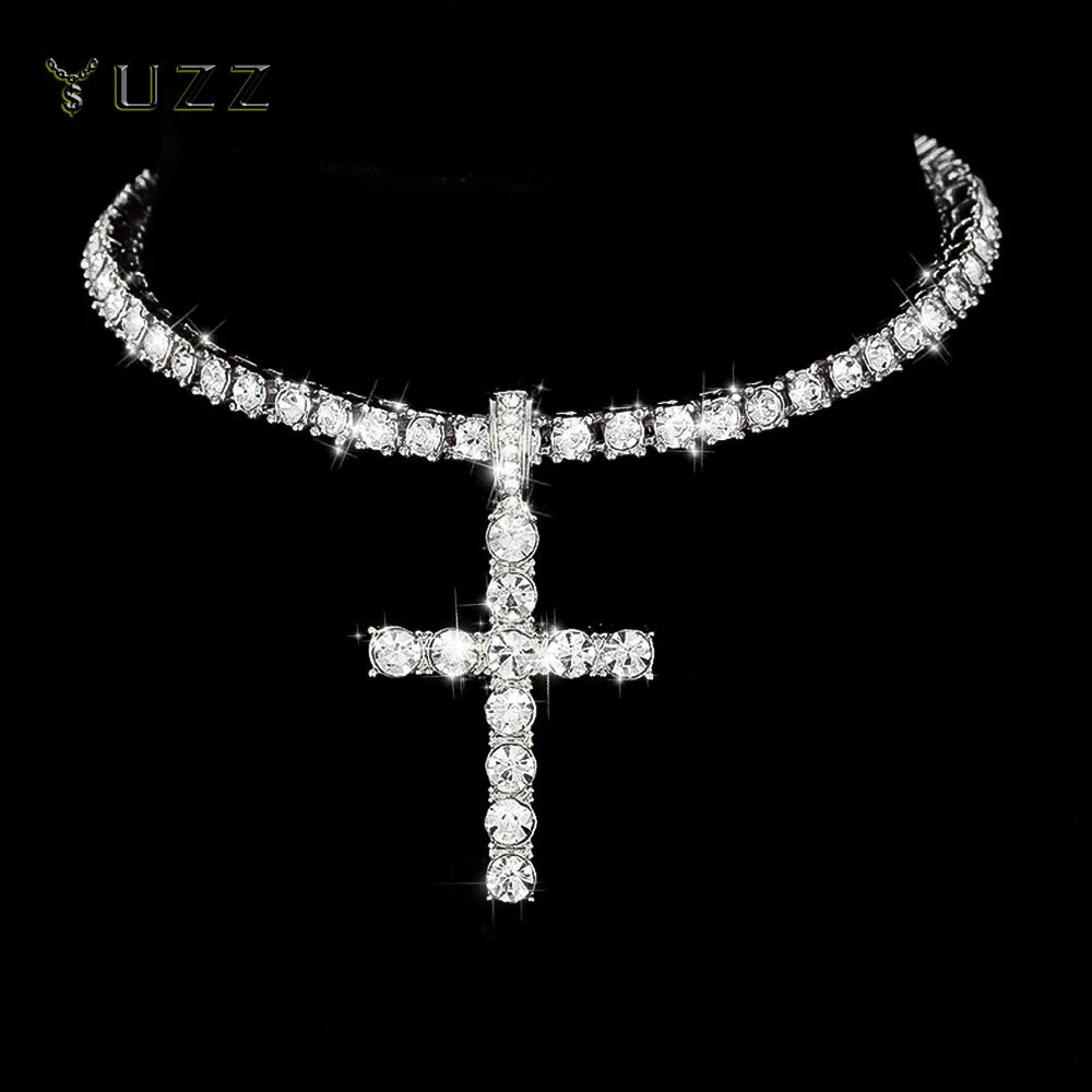 Hip Hop Iced Out Cross Pendant Necklace – 4mm Zircon Tennis Chain