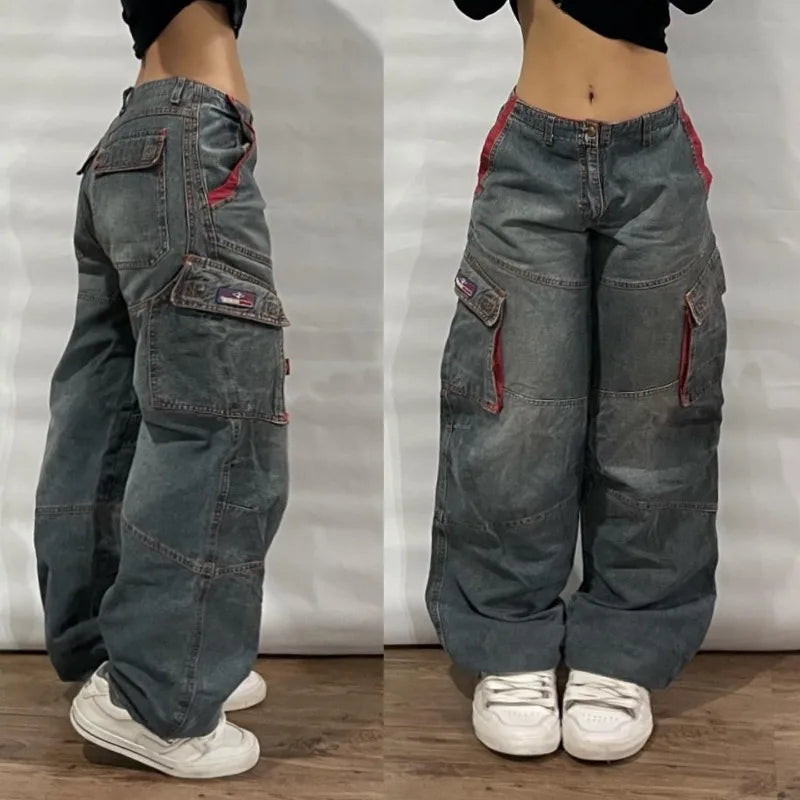 Title: Y2K Streetwear Multi-Pocket Baggy Jeans – Unisex High-Waist Wide-Leg Denim