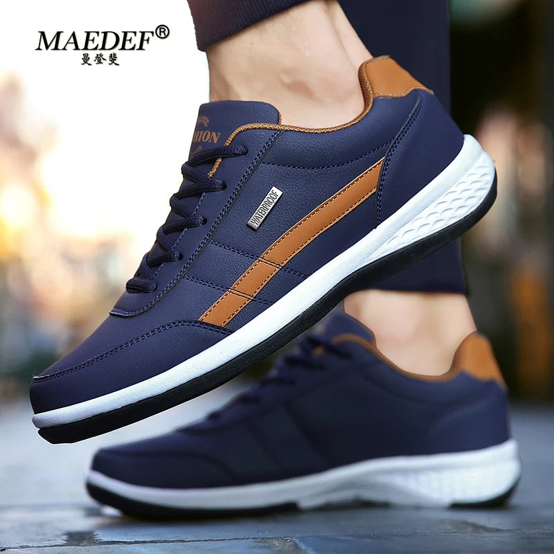 Men's Leather Sneakers – Waterproof Casual Lace-Up Sneakers, Comfortable Vulcanized Footwear for Men