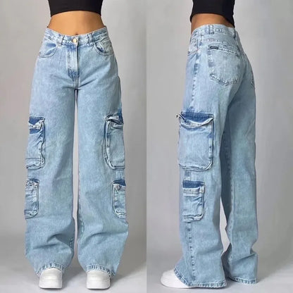 Title: Y2K Streetwear Multi-Pocket Baggy Jeans – Unisex High-Waist Wide-Leg Denim