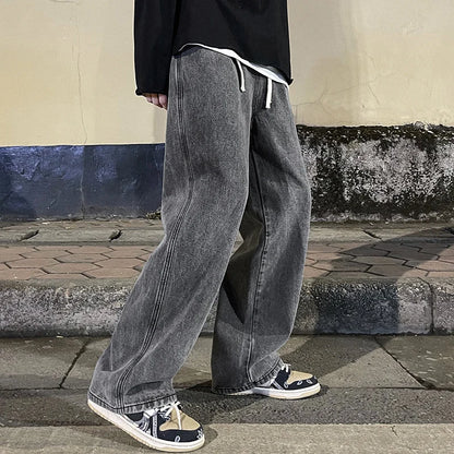 Men's Korean Style Wide-Leg Baggy Jeans – Casual High Street Straight-Leg Denim Pants for Students in Black, Grey, and Blue.