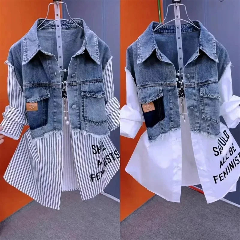 2025 Women's Denim Jacket – Fake Two-Piece Striped Stitching Casual Coat