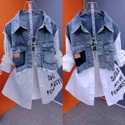 2025 Women's Denim Jacket – Fake Two-Piece Striped Stitching Casual Coat