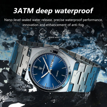 Luxury Men's Watch - Waterproof, Luminous, Date & Week Display, Stainless Steel, Casual Quartz Watch with Gift Box