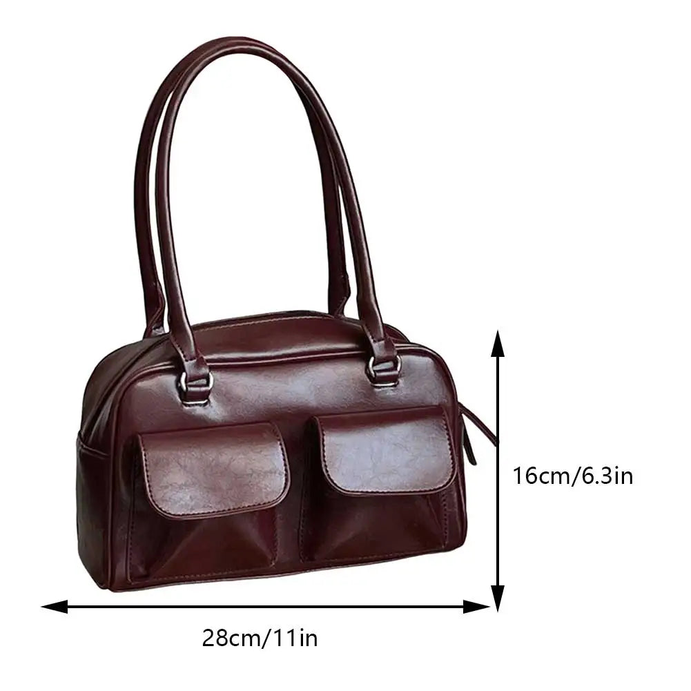 Title: Retro Women's PU Leather Satchel Hobo Bag – Double Pocket Designer Underarm Bag