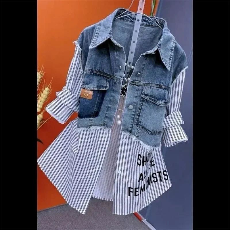 2025 Women's Denim Jacket – Fake Two-Piece Striped Stitching Casual Coat