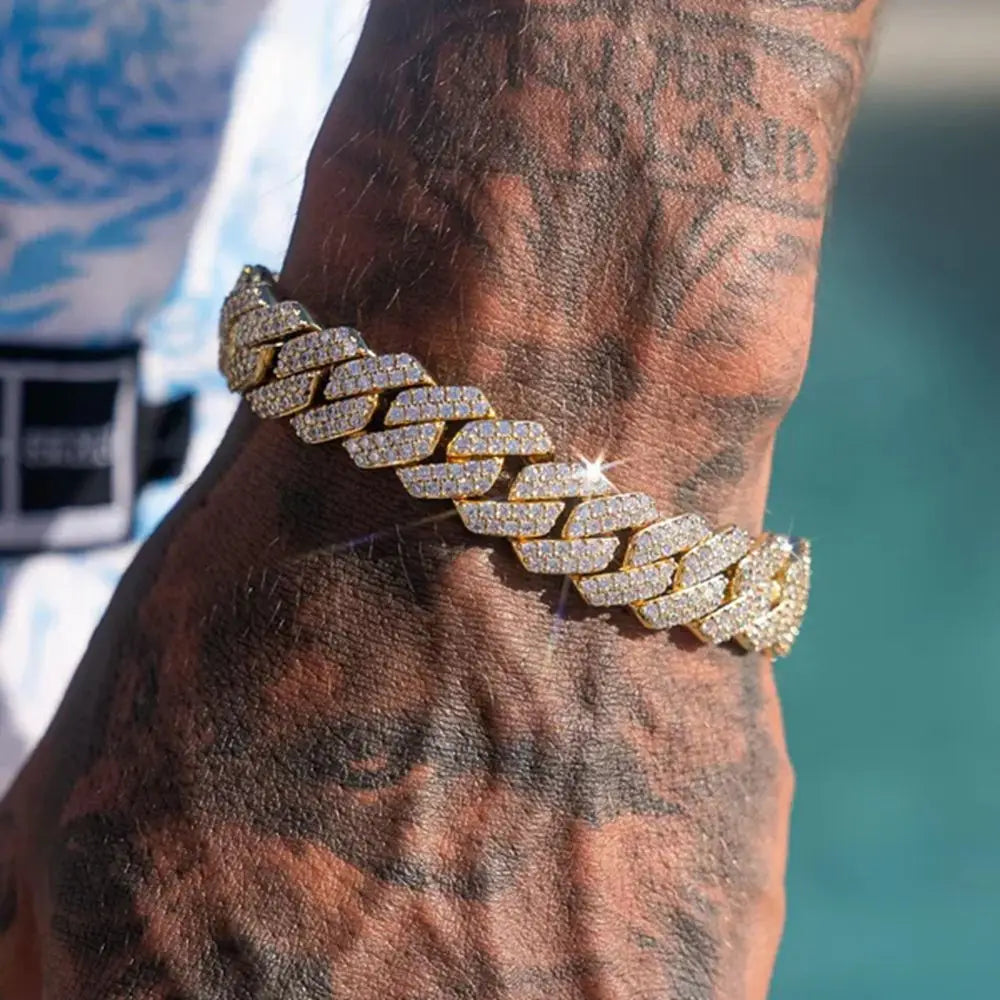 14MM Iced Prong Link Cuban Chain Bracelet – Full Rhinestones Chunky Miami Cuban Bracelet for Men & Women