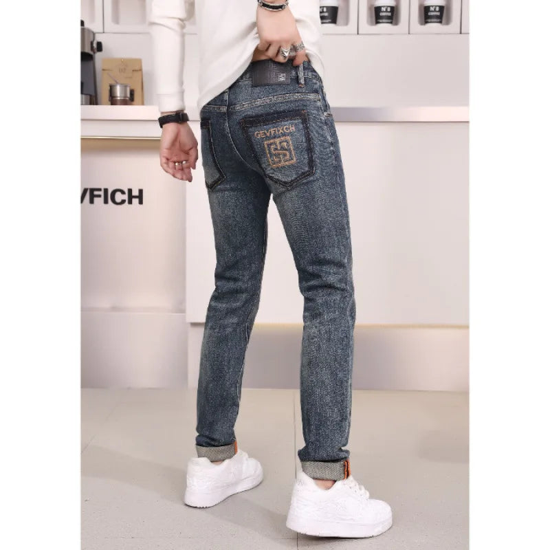 Men's Back Pocket Embroidered Printed Jeans – High-End Light Luxury Skinny Fit