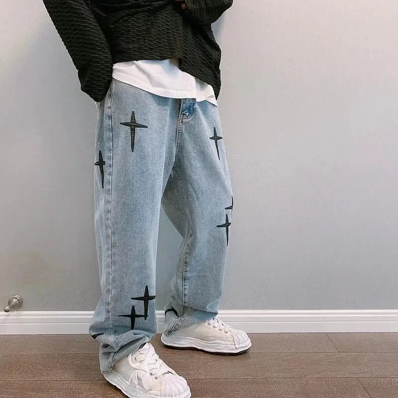 2023 Printed Jeans for Men - Streetwear Baggy Wide-Leg Denim | Korean Fashion Draped Straight Casual Loose Cargo Pants