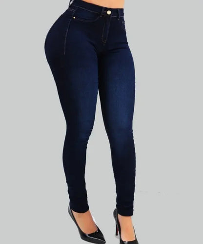 Women's Solid Color High-Waisted Denim Jeans – Slimming Fit, Street Style Shaping Pants for a Flattering Silhouette.