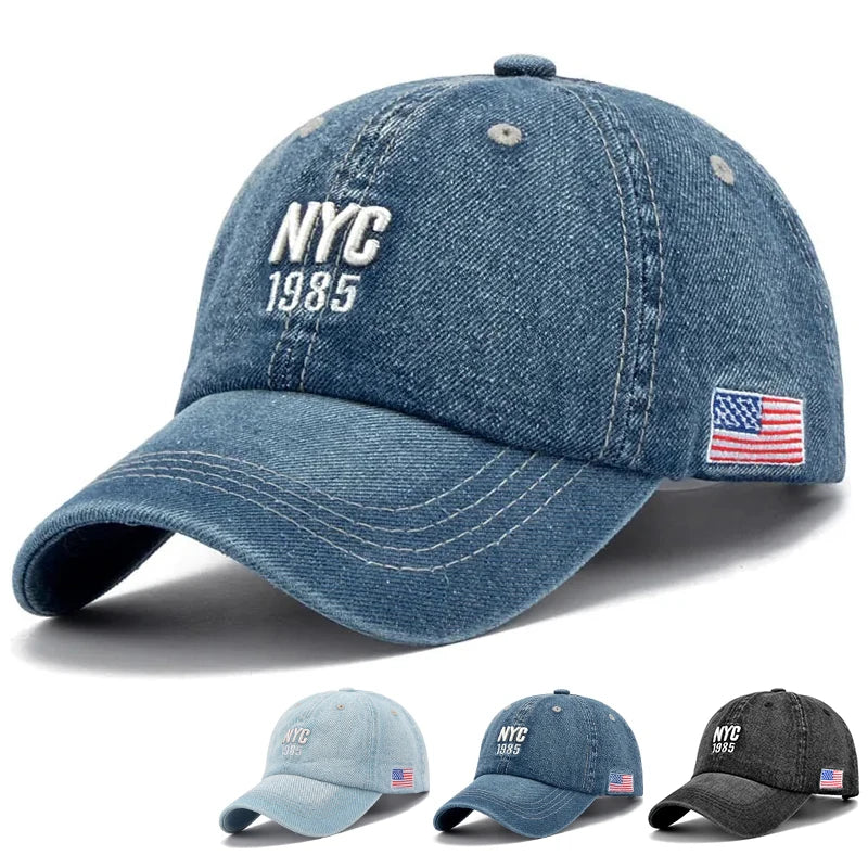 Fashion NYC 1985 Embroidered Denim Snapback Baseball Cap – Adjustable Outdoor Casual Sports Hat, Perfect for Golf & Sun Protection