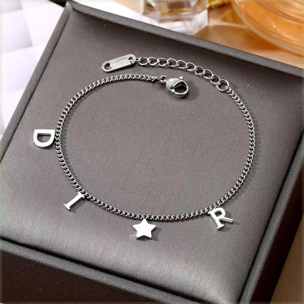 Korean New Fashion Letter Star Pendant Bracelet – Simple Vintage Stainless Steel Jewelry for Women