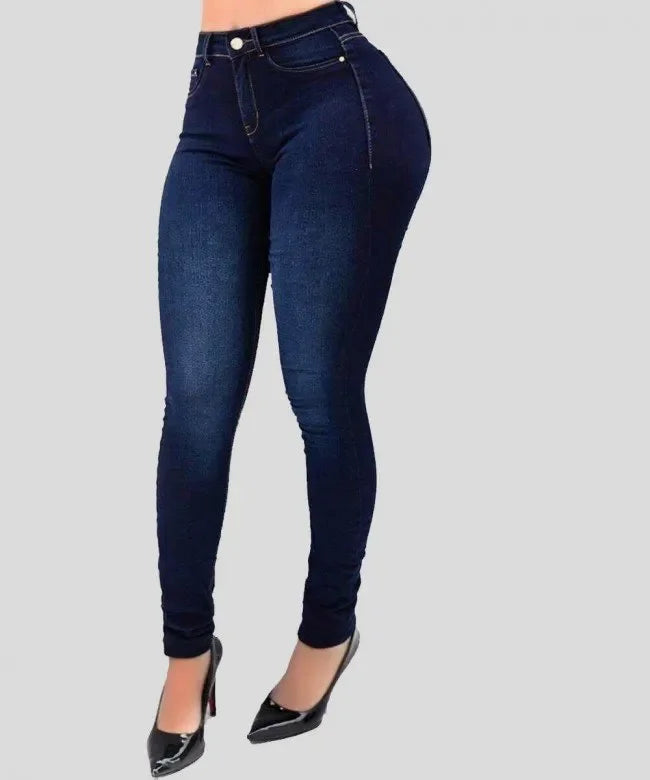 Women's Solid Color High-Waisted Denim Jeans – Slimming Fit, Street Style Shaping Pants for a Flattering Silhouette.