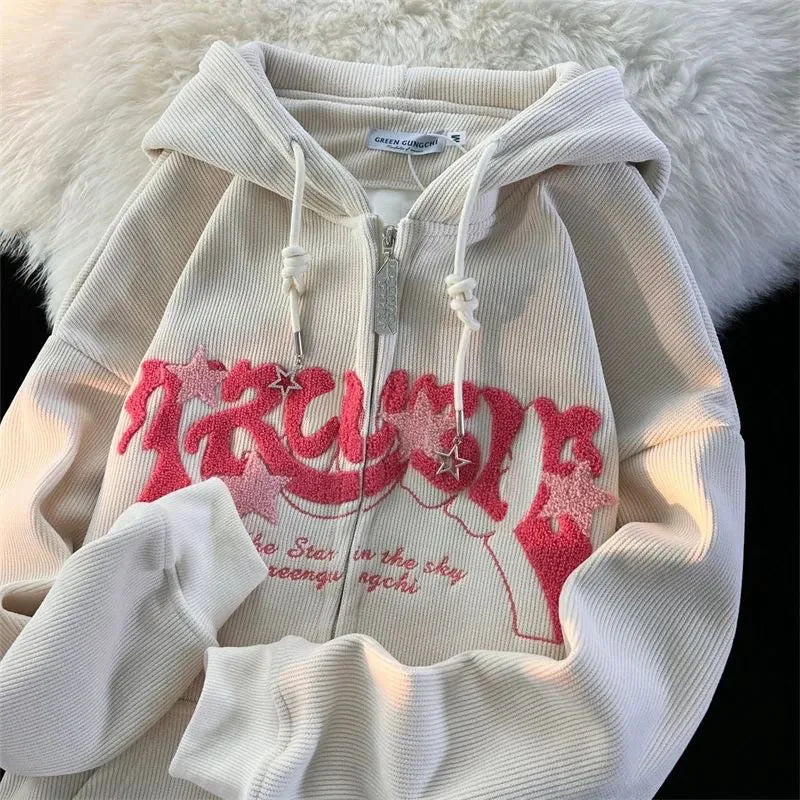 Fashion Embroidered Zip-Up Hoodie for Women – Autumn Long Sleeve Loose Hooded Shirt, Harajuku Y2K Style Sweatshirt Jacket.