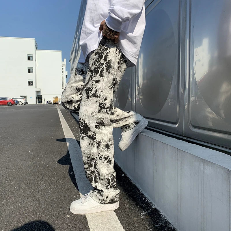 Spring 2025 Printed Jeans - Unisex Elastic Waist Loose Fit Trousers | Korean Style High Street Fashion & Hip Hop Pants for Men"