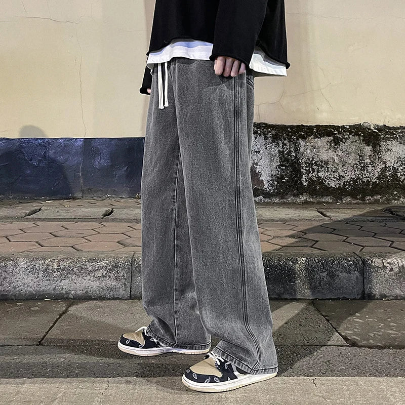 Men's Korean Style Wide-Leg Baggy Jeans – Casual High Street Straight-Leg Denim Pants for Students in Black, Grey, and Blue.