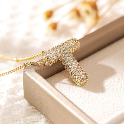 "Exquisite Gold-Plated Letter Necklace – Minimalist A-Z Balloon Pendant | 18K Copper Gold Finish & Zircon Accent | Delicate 26" Collarbone Chain | Elegant Women's Jewelry Gift"