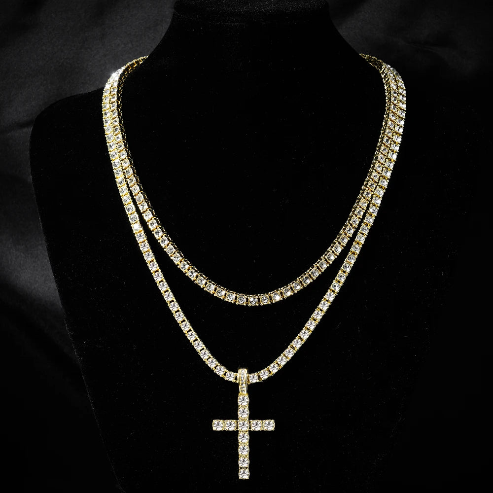 Hip Hop Iced Out Cross Pendant Necklace – 4mm Zircon Tennis Chain