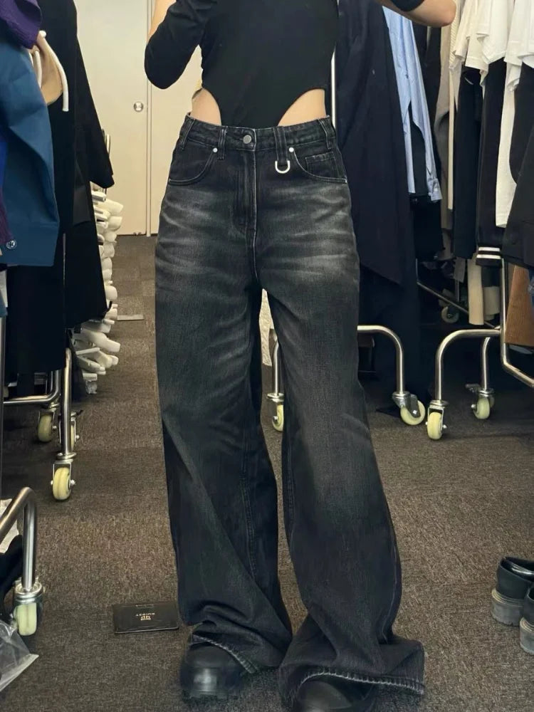 Title: Vintage Black Wide-Leg Baggy Jeans – Y2K Korean Grunge Streetwear