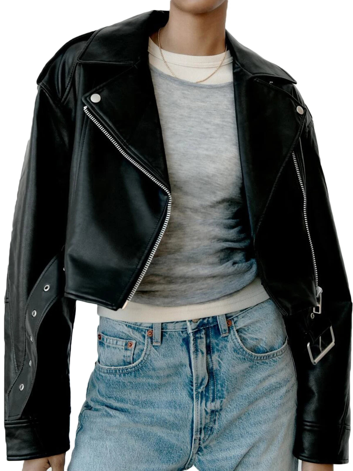 Title: Women's Faux PU Leather Jacket – Casual Lapel Zipper Motorcycle Coat