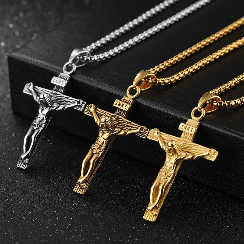 Religious Jesus Cross Stainless Steel Necklace – Gold & Silver Color Cross Pendant