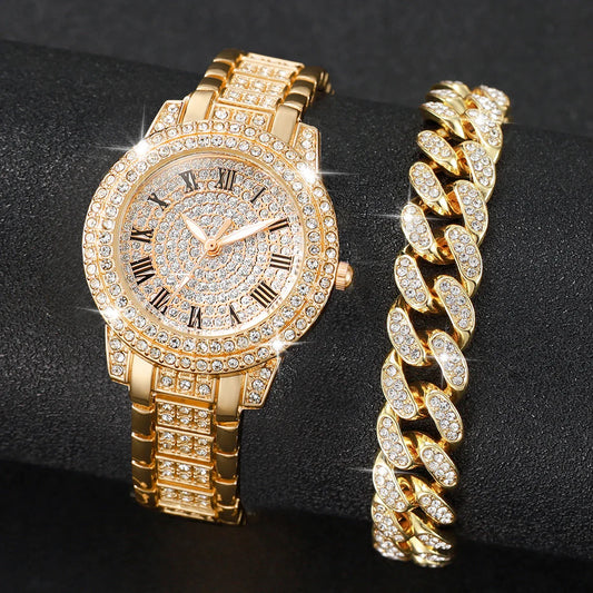 "2PCS Luxury Diamond Women Watches – Gold & Silver Rhinestone Bracelet Watches | Elegant Quartz Analog Watch | Relogio Feminino for Parties/Wedding/Gifts (Waterproof)