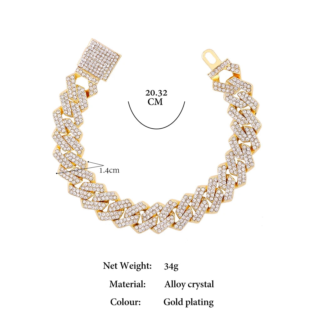 14MM Iced Prong Link Cuban Chain Bracelet – Full Rhinestones Chunky Miami Cuban Bracelet for Men & Women