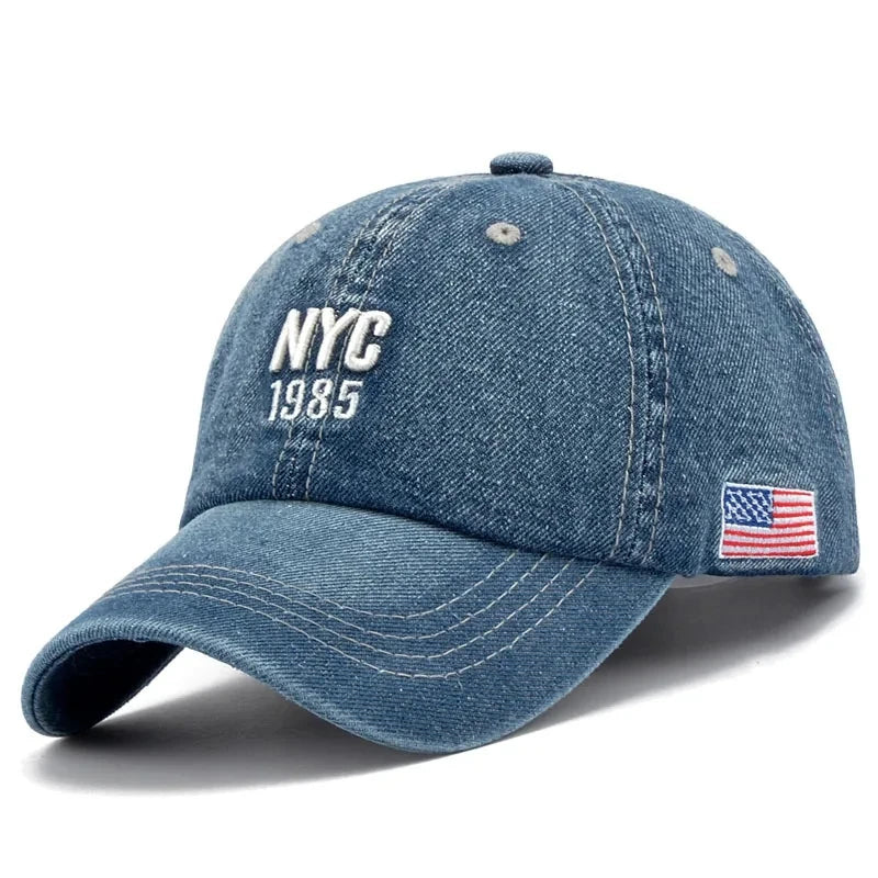 Fashion NYC 1985 Embroidered Denim Snapback Baseball Cap – Adjustable Outdoor Casual Sports Hat, Perfect for Golf & Sun Protection