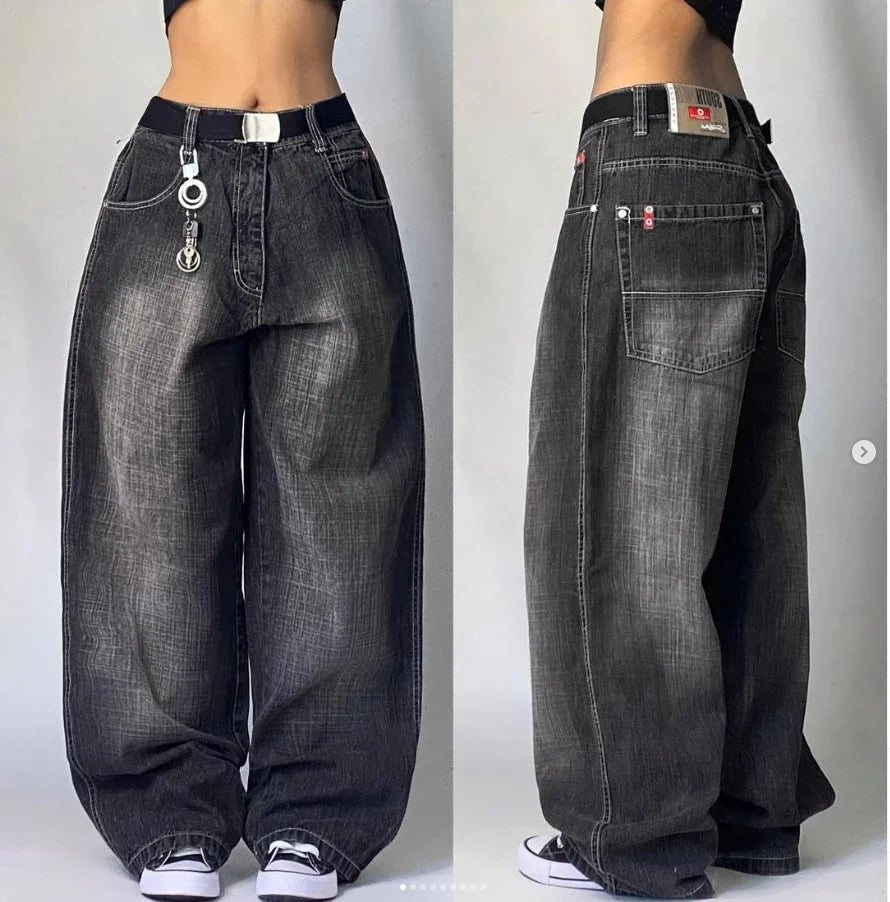 Title: Y2K Streetwear Multi-Pocket Baggy Jeans – Unisex High-Waist Wide-Leg Denim