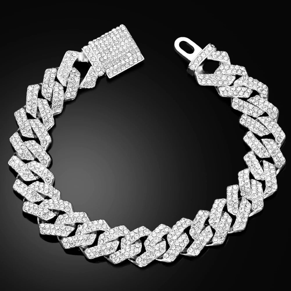 14MM Iced Prong Link Cuban Chain Bracelet – Full Rhinestones Chunky Miami Cuban Bracelet for Men & Women