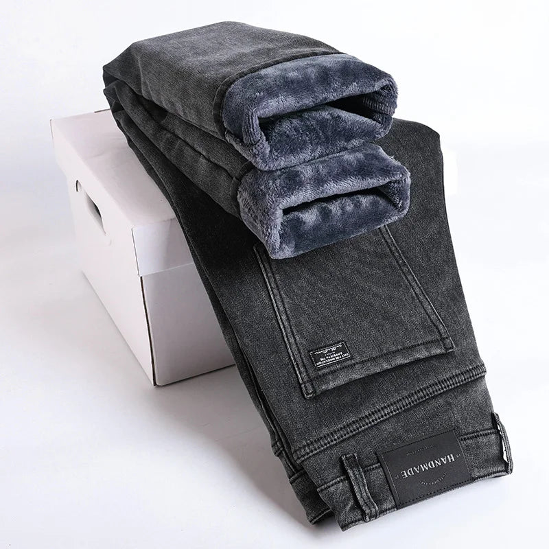 Men’s Winter Fleece-Lined Jeans – Warm Slim Straight Elastic Denim Pants