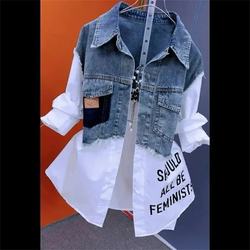 2025 Women's Denim Jacket – Fake Two-Piece Striped Stitching Casual Coat