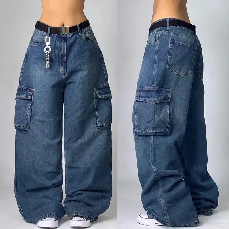 Title: Y2K Streetwear Multi-Pocket Baggy Jeans – Unisex High-Waist Wide-Leg Denim