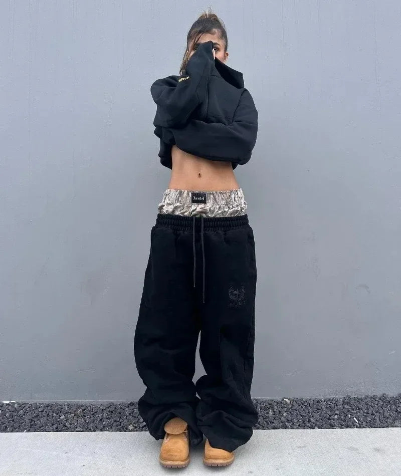 Y2K Vintage Harajuku Double Embroidered Waist Sweatpants - Hip Hop Casual High-Waisted Wide Leg Streetwear Pants for Men & Women.