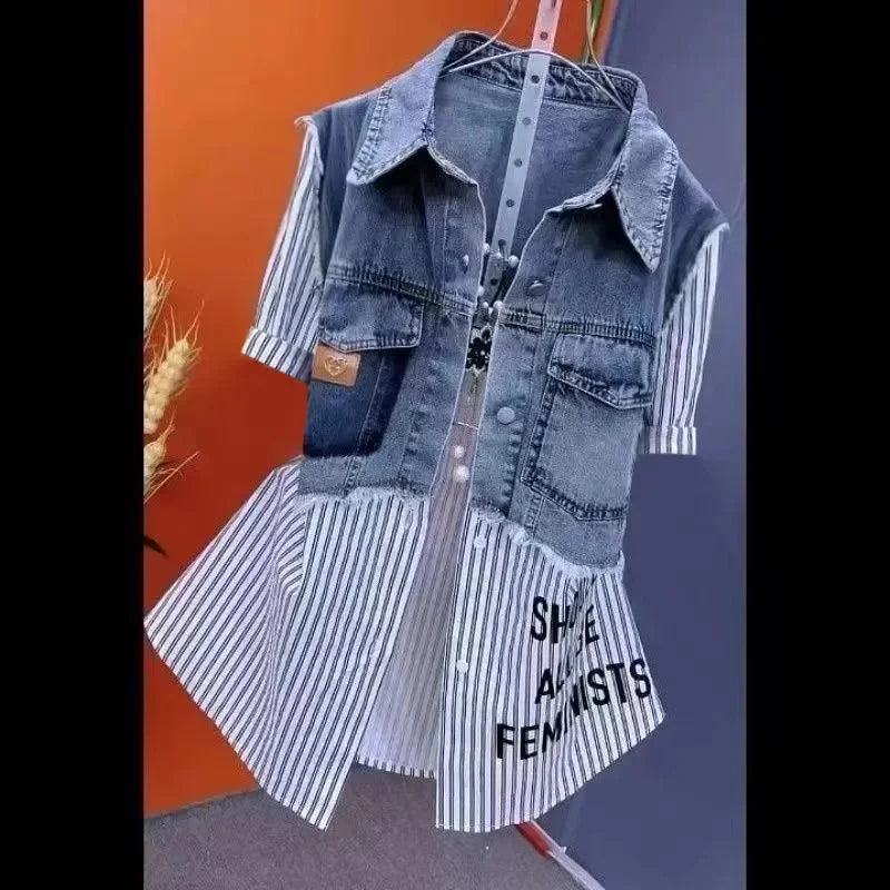 2025 Women's Denim Jacket – Fake Two-Piece Striped Stitching Casual Coat