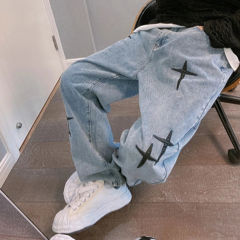 2023 Printed Jeans for Men - Streetwear Baggy Wide-Leg Denim | Korean Fashion Draped Straight Casual Loose Cargo Pants