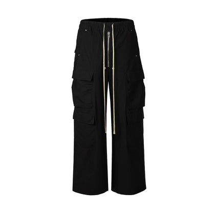 Ro Style Wide Leg Drawstring Black Cargo Pants Unisex Straight Baggy Casual Overalls Men'S Streetwear Loose Oversized Trousers