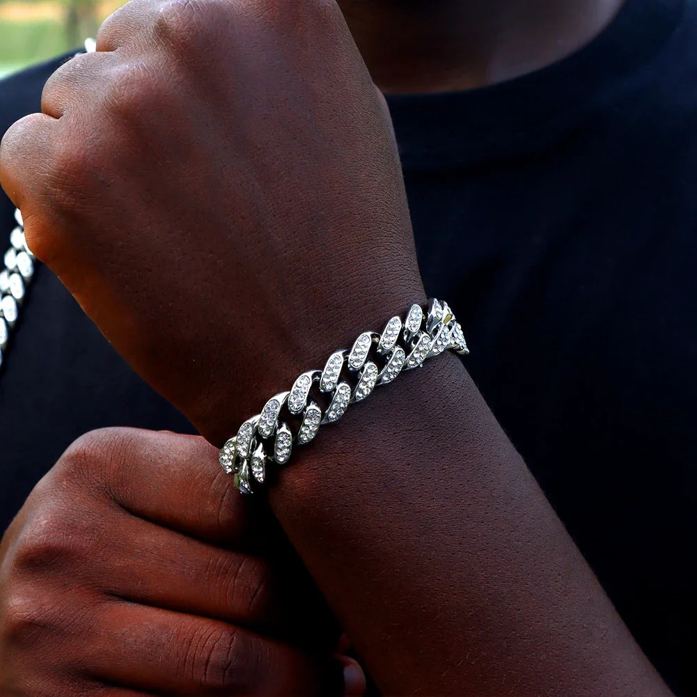 14MM Iced Prong Link Cuban Chain Bracelet – Full Rhinestones Chunky Miami Cuban Bracelet for Men & Women