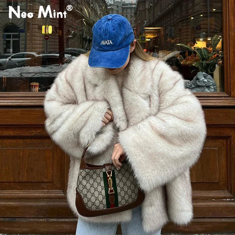 2024 Winter Fashion Trend – Oversized Gradient Faux Fox Fur Coat for Women, Thick and Warm Fluffy Jacket for Girls.