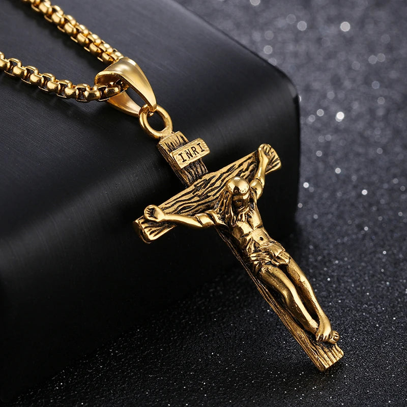 Religious Jesus Cross Stainless Steel Necklace – Gold & Silver Color Cross Pendant