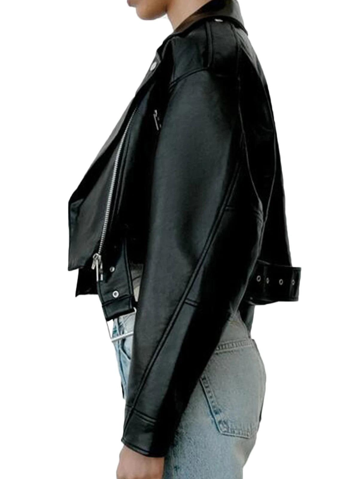 Title: Women's Faux PU Leather Jacket – Casual Lapel Zipper Motorcycle Coat