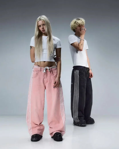 Y2K Baggy Jeans - Harajuku Vintage Striped Embroidered High-Quality Sweatpants, Hip Hop Casual Wide Leg Streetwear for Men & Women.