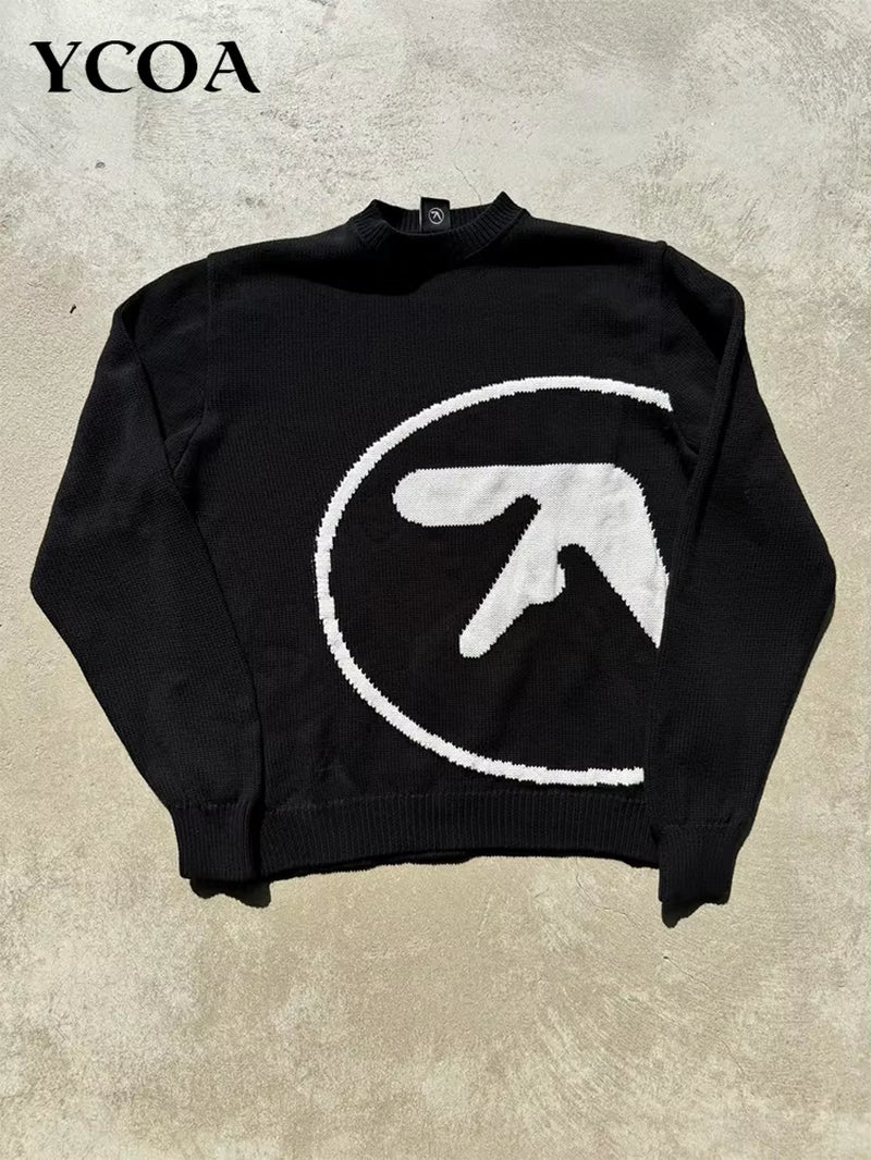 Men'S Sweater Y2K Aphex Twin Knit Oversized Pullovers Gothic Jumper Winter Graphic Streetwear Long Sleeve Tops Vintage Clothing