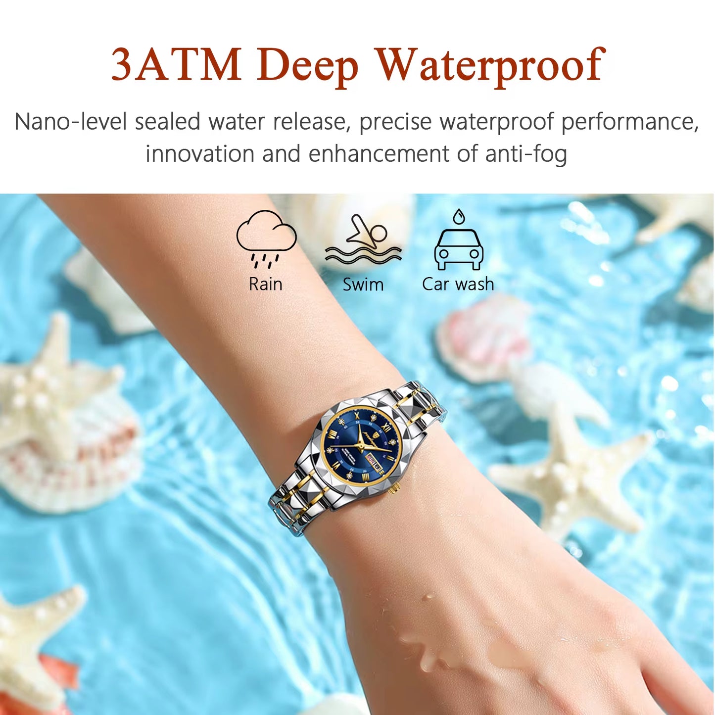 Luxury Ladies Dress Watch - Luminous, Waterproof, Week & Date Display, Stainless Steel, Quartz Movement, Gift Box Included