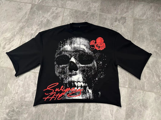 Y2K Vintage Gothic Skull Graphic T-Shirt – Oversized Casual Pure Cotton Tee for Men and Cropped Streetwear Top for Women